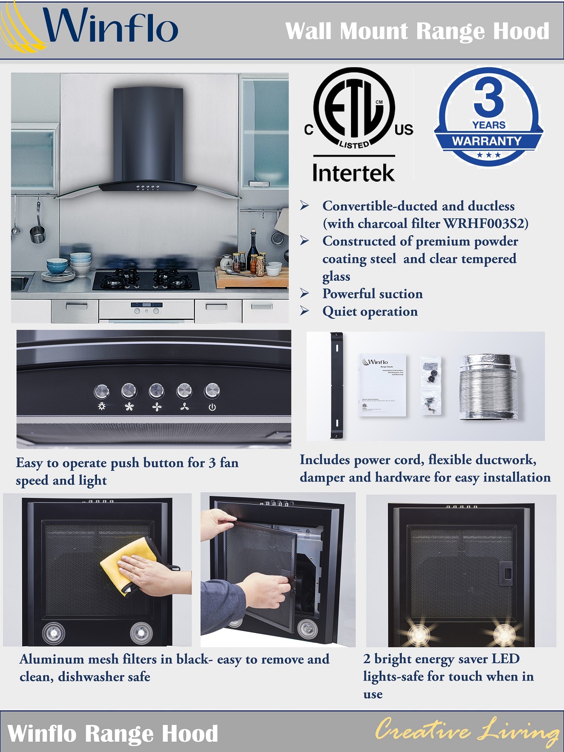 Winflo 30 in. Convertible Glass Wall Mount Range Hood in Black with